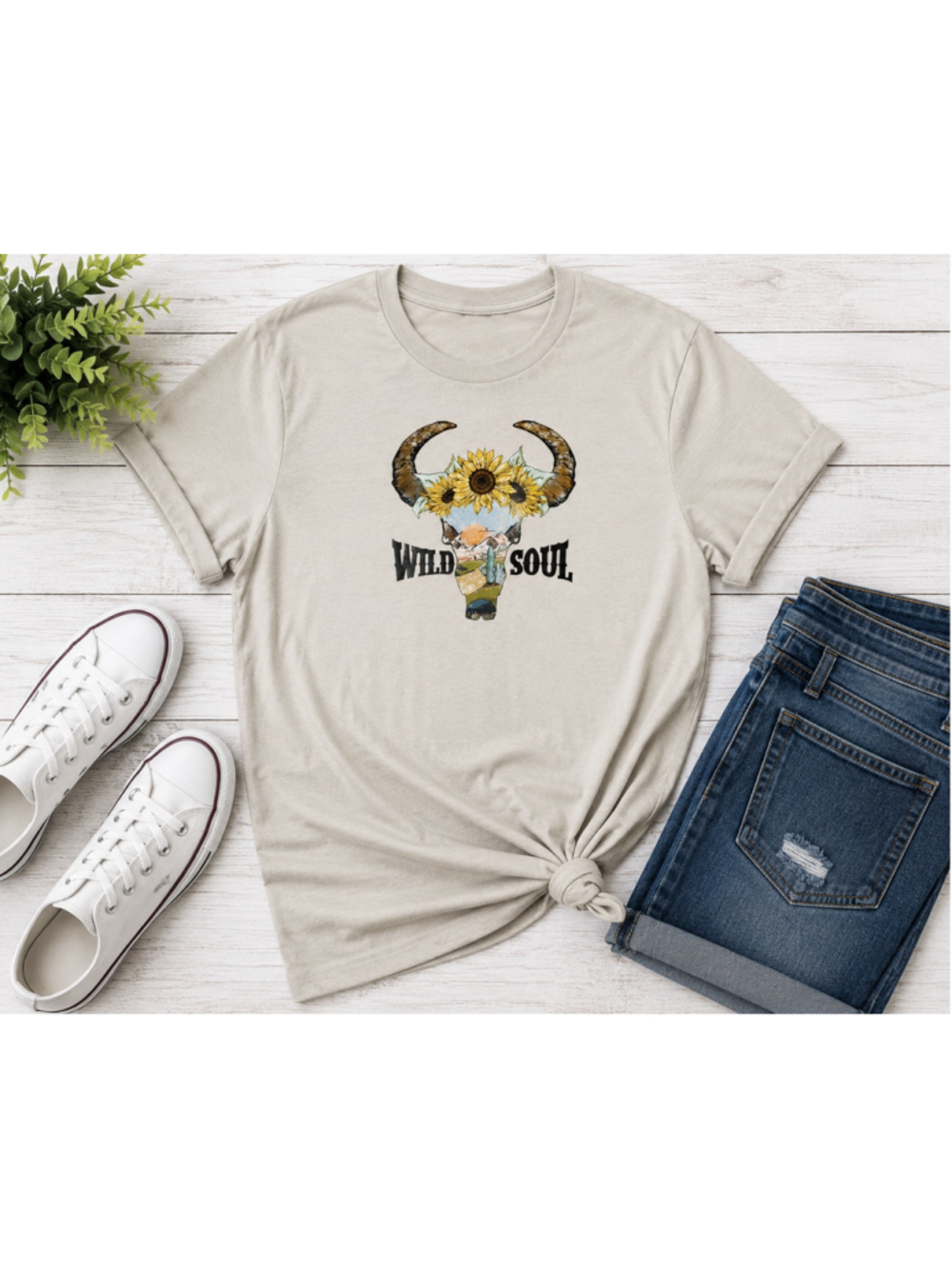 New Wild Soul Sunflower Western Novelty Cream Graphic Short Sleeve Women Shirt